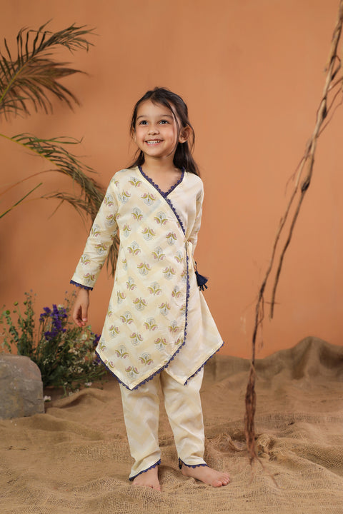 Pre-Order: GIRL FLORAL PRINTED KURTA SET-BEIGE