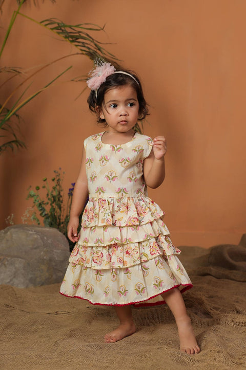 Pre-Order- GIRL FLORAL TIERED FROCK-BEIGE