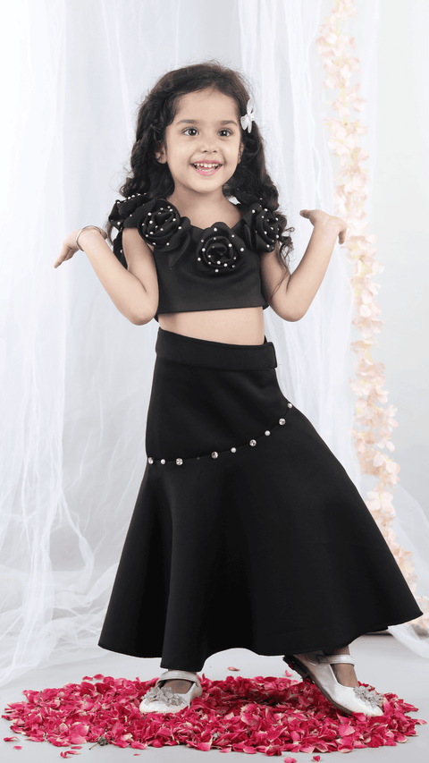 Pre-Order: Fabric Flower embllished Top with flaired Lehenga