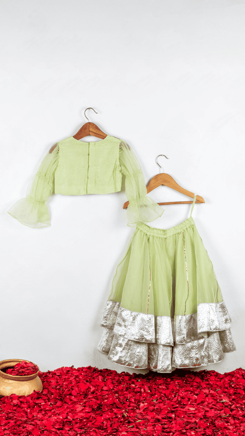 Pre-Order: Light Green Gota Embroidered Blouse with Double Layered Ghaghra