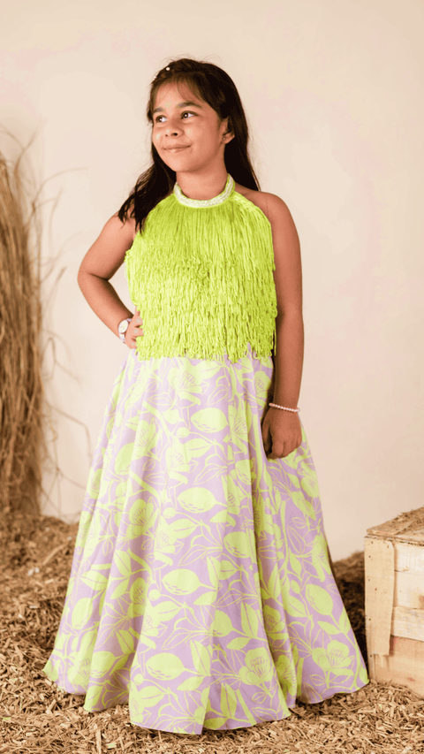 Pre-Order: Lilac Green Fringe Ghaghra Set