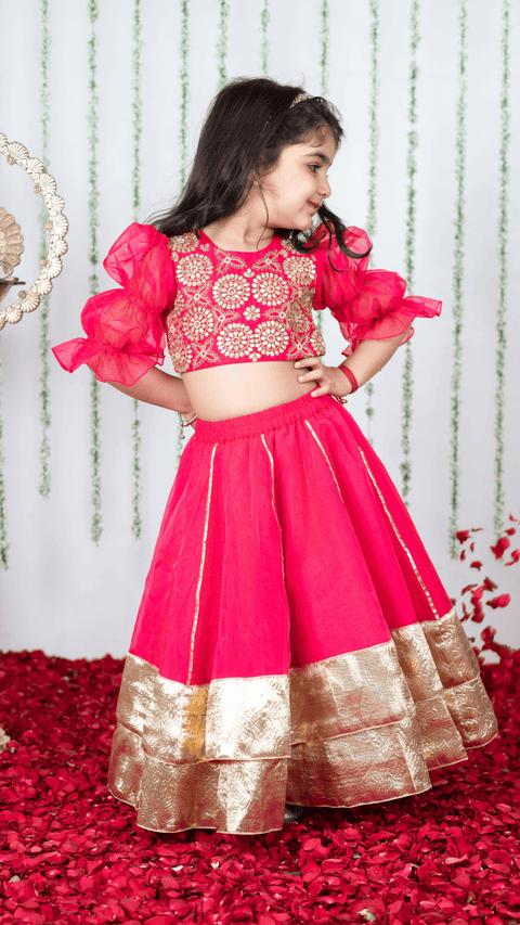 Pre-Order: Pink Gota Embroidered Blouse with Double Layered Ghaghra