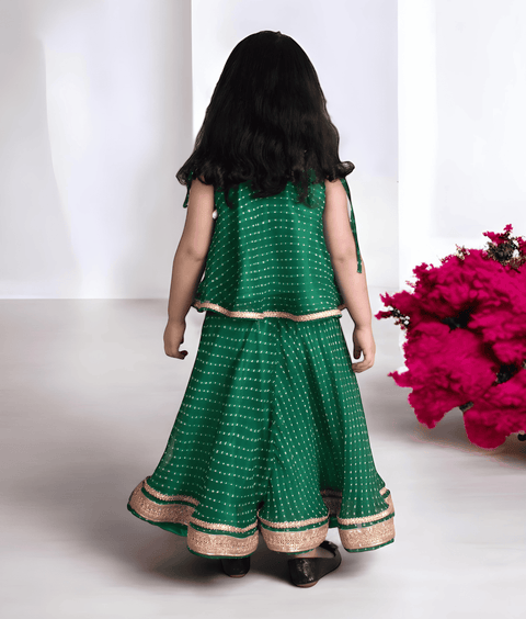 Pre-Order : Green Bandhej Top with Skirt