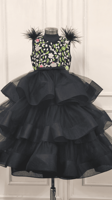 Pre-Order: Black Embroidered Ruffle Gown