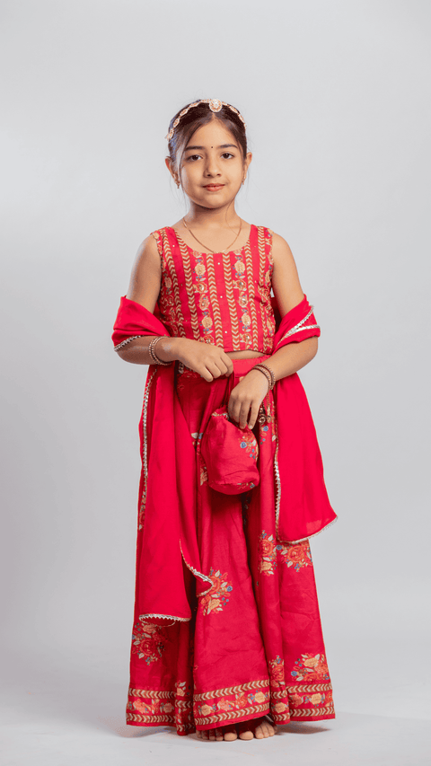 Pre-Order: RED BIG FLORAL PRINTED LEHENGA SET