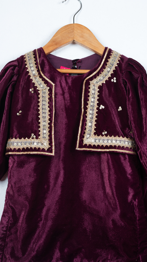 Pre-Order: Wine Jacket Style Kurti With Salwar And Dupatta