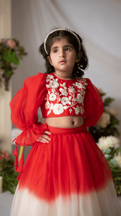 Pre-Order: Red And White Embroidered Blouse With Ghaghra And Dupatta