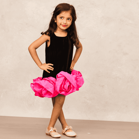 Pre-Order: Boho Black Velvet Dress with Pink Flowers