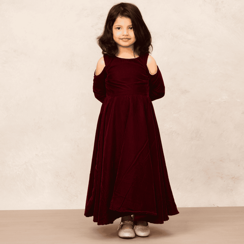 Pre-Order: Chic Maroon Velvet Full Sleeve Gown