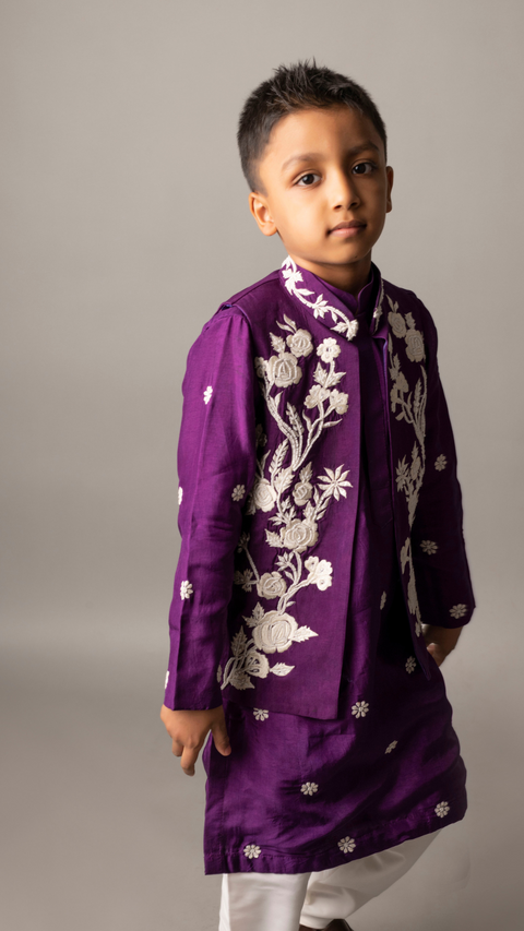 Pre-Order: Purple, White Pearl Embroidered Nehru with Kurta Churidaar