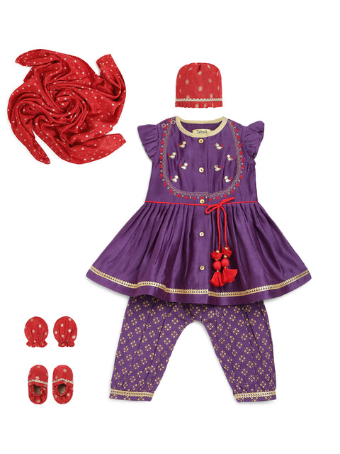 Pre-Order: Baby Girl Chanderi Silk Ruffle Sleeves Combo Set - Purple