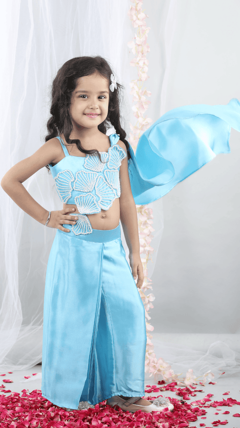 Pre-Order: Pearl embroidered sea shell embillished top with attached Dupatta and stitched Dhoti