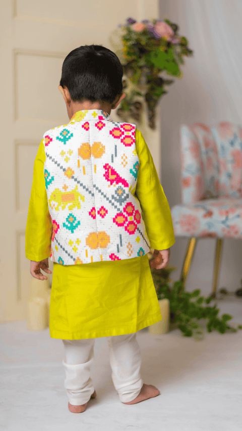 Pre-Order: White Ikkat Nehru With Green Kurta Churidar Set