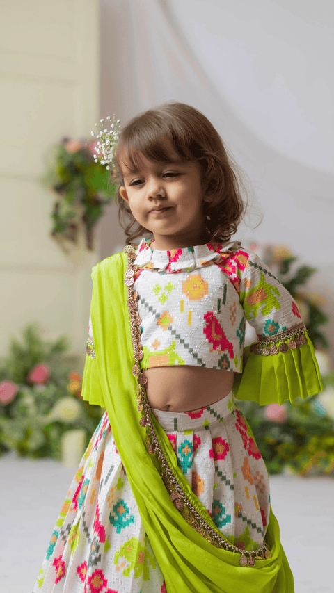 Pre-Order: White Ikkat Blouse With Ghaghra And Dupatta