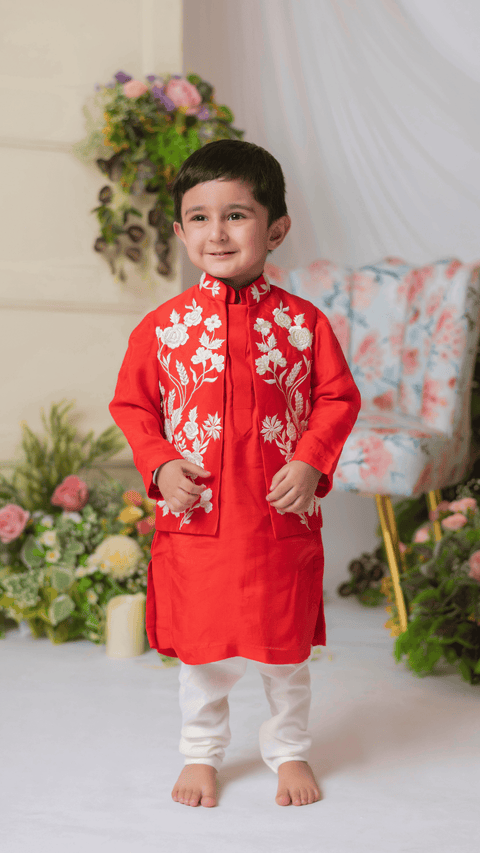 Pre-Order: Red And White Embroidered Nehru With Kurta And Churidar