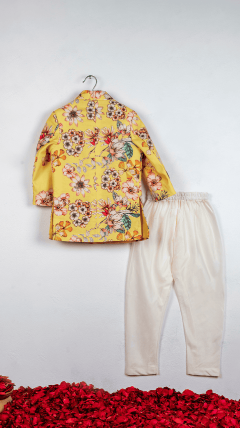 Pre-Order: Yellow Floral Printed Sherwani Set