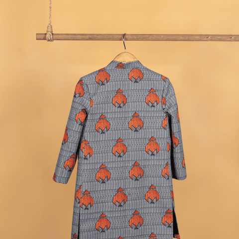 Pre-Order: GREY ORANGE PRINTED SHERWANI WITH PANTS
