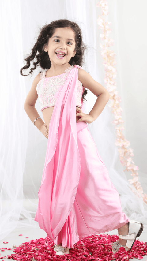 Pre-Order:Pearl embroidered   top with Dupatta and stitched Dhoti