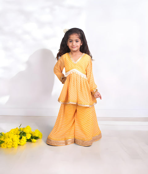 Pre-Order: Yellow Bhandhej Peplum Kurti with Sharara