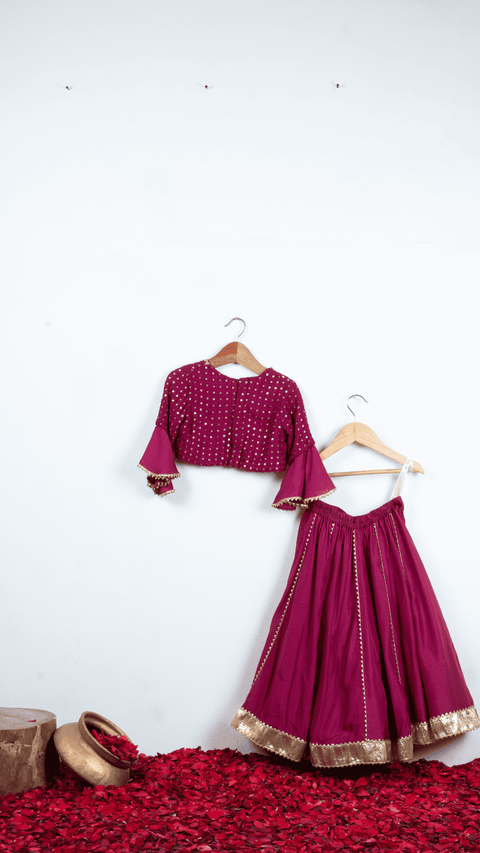 Pre-Order: Wine Thread Embroidered and Gota Lace Detailed Ghaghra