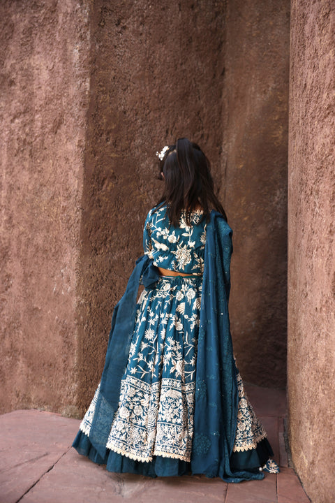 Pre Order: Teal Blue Parsi work Lehenga Choli