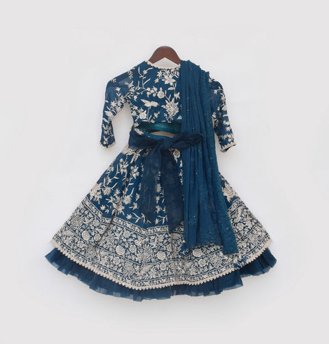 Pre Order: Teal Blue Parsi work Lehenga Choli