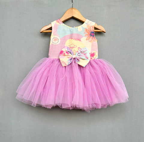 Pre-Order: Lavender Floral Net Flair Dress with Bow