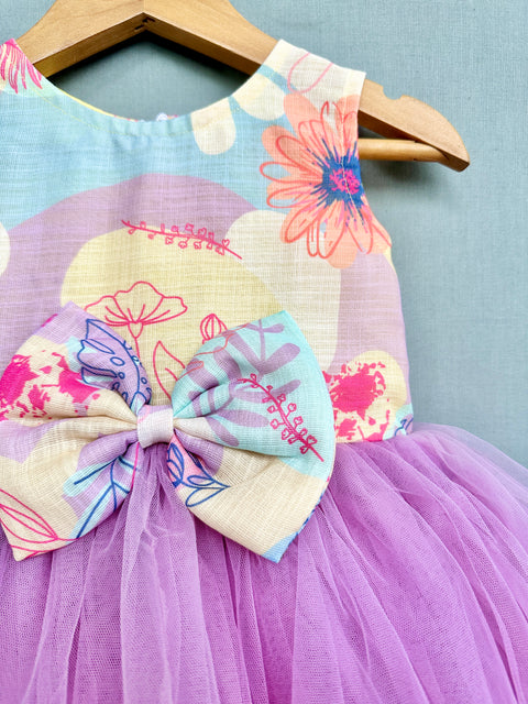 Pre-Order: Lavender Floral Net Flair Dress with Bow