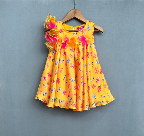 Pre-Order: Yellow Floral Dress with Shoulder Ruffles
