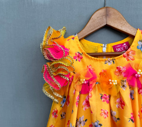 Pre-Order: Yellow Floral Dress with Shoulder Ruffles