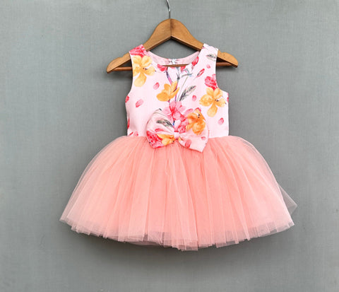 Pre-Order: Light Peach Floral Net Flair Dress with Bow