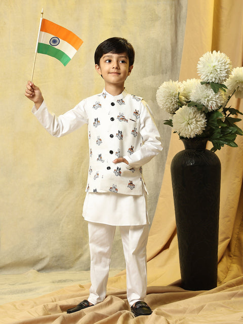 Pre-Order: Dog Print Linen Koti with Pure Cotton White Kurta Pajama Set