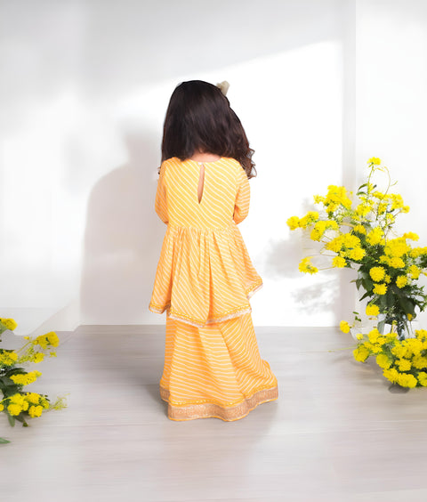 Pre-Order: Yellow Bhandhej Peplum Kurti with Sharara
