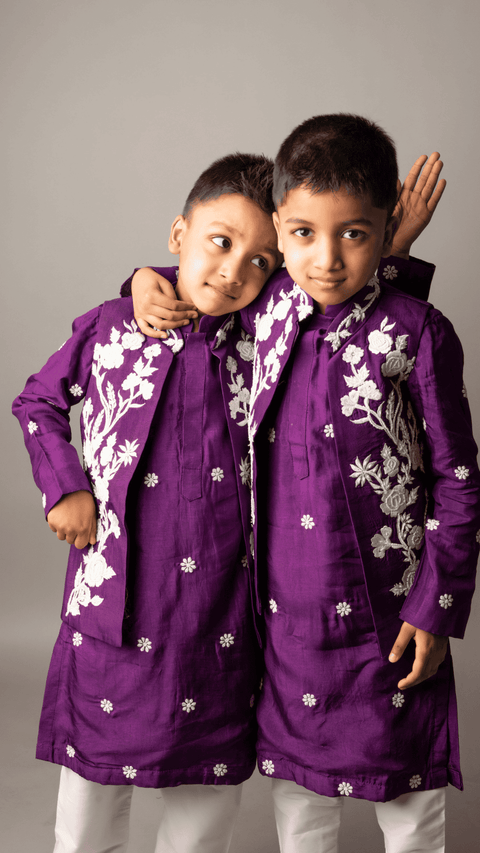 Pre-Order: Purple, White Pearl Embroidered Nehru with Kurta Churidaar