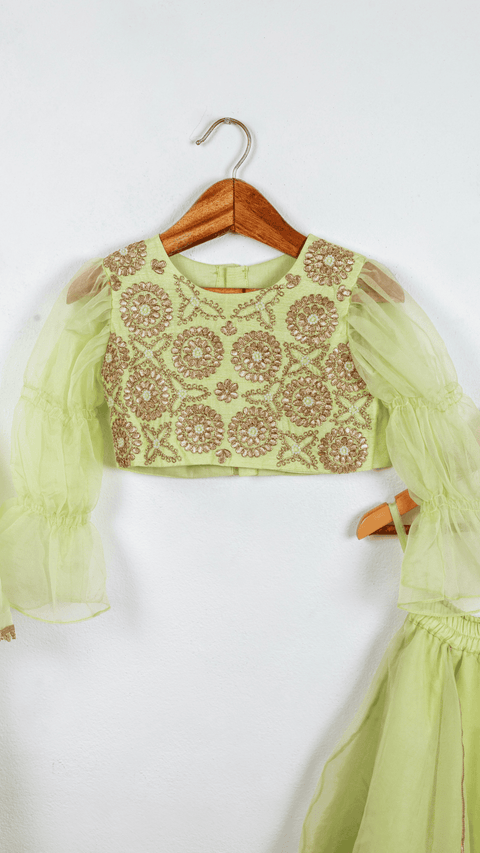Pre-Order: Light Green Gota Embroidered Blouse with Double Layered Ghaghra