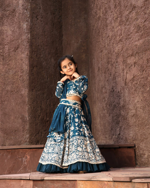 Pre Order: Teal Blue Parsi work Lehenga Choli