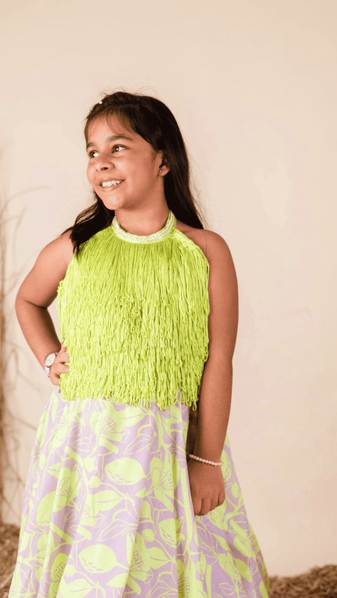 Pre-Order: Lilac Green Fringe Ghaghra Set