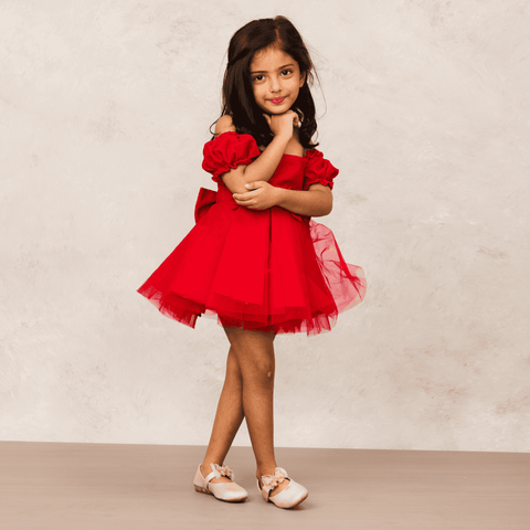 Pre-Order: Sleek red velvet off-shoulder dress