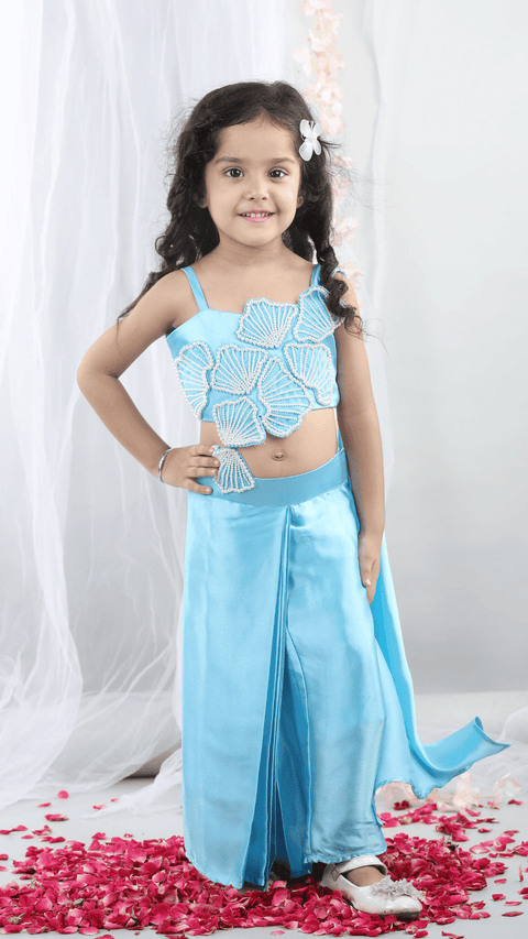 Pre-Order: Pearl embroidered sea shell embillished top with attached Dupatta and stitched Dhoti