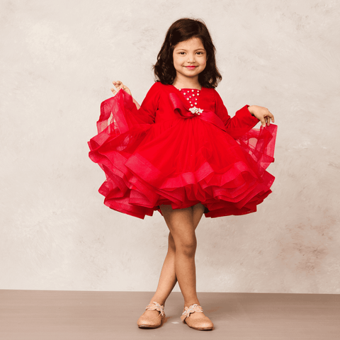 Pre-Order: Red velvet dress with bow accent