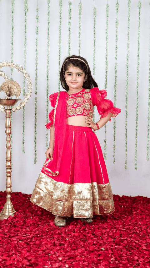 Pre-Order: Pink Gota Embroidered Blouse with Double Layered Ghaghra