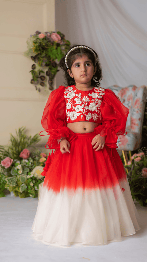 Pre-Order: Red And White Embroidered Blouse With Ghaghra And Dupatta