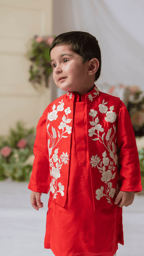 Pre-Order: Red And White Embroidered Nehru With Kurta And Churidar
