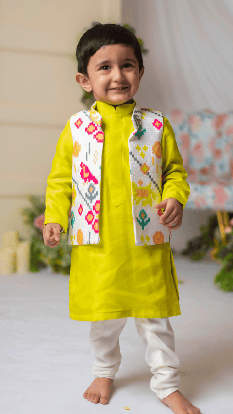 Pre-Order: White Ikkat Nehru With Green Kurta Churidar Set