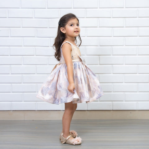 Pre-Order: Lavish Printed Dress with Sequins Embroidered Bow