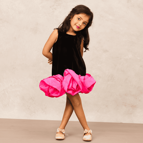 Pre-Order: Boho Black Velvet Dress with Pink Flowers