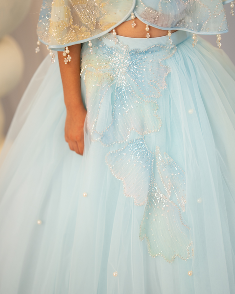Pre-Order: Blue floral cape lehenga