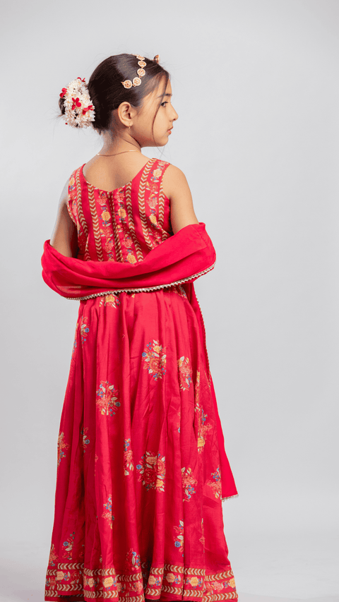 Pre-Order: RED BIG FLORAL PRINTED LEHENGA SET