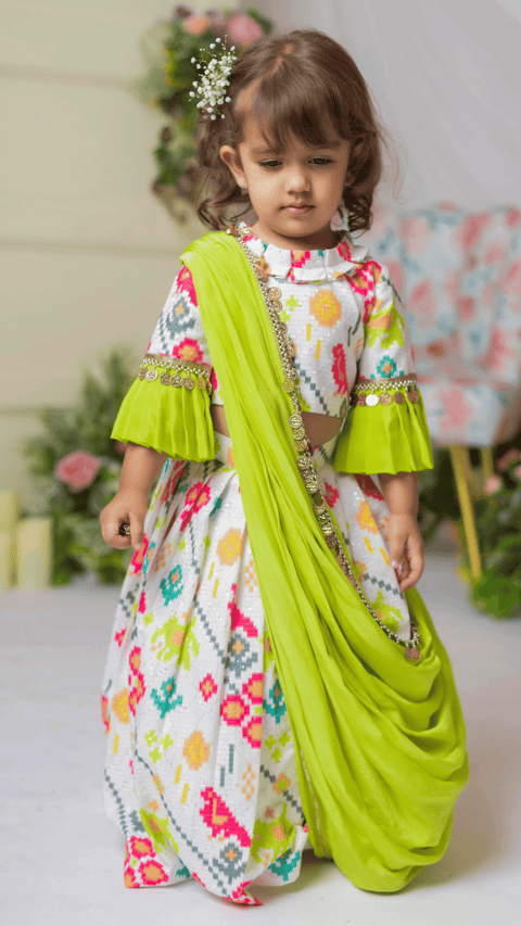 Pre-Order: White Ikkat Blouse With Ghaghra And Dupatta