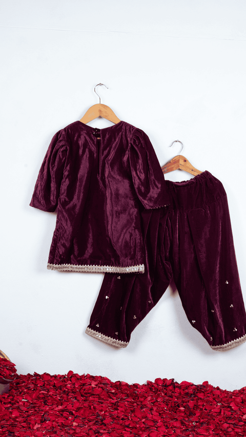 Pre-Order: Wine Jacket Style Kurti With Salwar And Dupatta